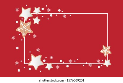 Christmas frame with red background with christmas cookie and snowflakes.