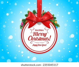 Christmas frame with red bow and snowflakes. Happy New Year celebration, Christmas holiday or merry Xmas festive vector greeting card with round tag on red ribbon, holly leaf, fireworks and toys