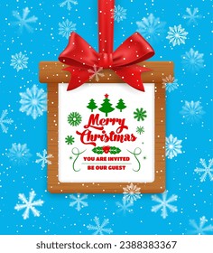 Christmas frame with red bow and snowflakes. Vector border in shape of gift box of wood texture with glossy ribbon and festive wishes. Invitation tag hang on blue background with falling snow flakes