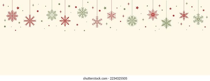 Christmas frame with red and green snowflakes on a beige background with copy space. Vector illustration