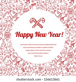 Christmas frame in red, vector seamless pattern, doodle illustration