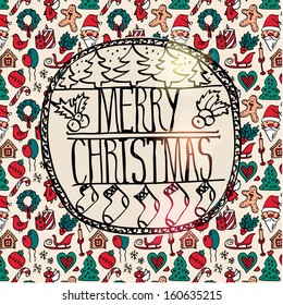 Christmas frame in red, vector seamless pattern, doodle illustration, label hand drawn