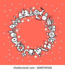 christmas frame round. new year ornament. holiday design elements - toys, gifts, drinks. winter decoration