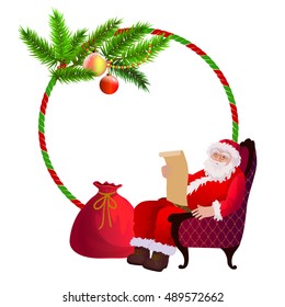 Christmas frame with Santa Claus and decorated fir branches.