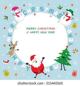 Christmas Frame, Santa Claus and Friends with Lettering, Snowman, Snowgirl, Reindeer, Pine Tree. Happy New Year