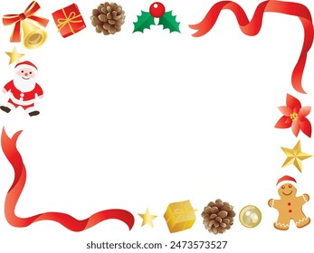 Christmas frame with Santa Claus, gingerbread man, pine cones, red ribbon, baubles, gift boxes, bells, holly berry and star