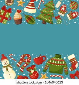 Christmas frame with seasonal elements. Modern design for Holidays invitation card, poster, banner, postcard, print. Vector illustration.