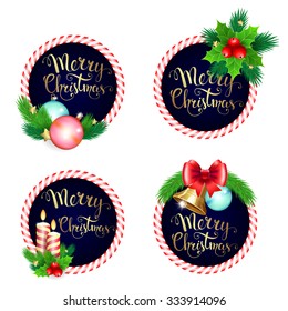 Christmas frame set design with candles bells branches  bow and handwritten text "Merry Christmas".  Isolated vector illustration for Christmas posters, icons, greeting cards, print and web projects