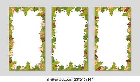 Christmas frame set for Social media Stories. Spruce branches with cookies, citrus, cinnamon, and holly berries. Christmas holidays vertical templates. Winter sale and social media Vector illustration