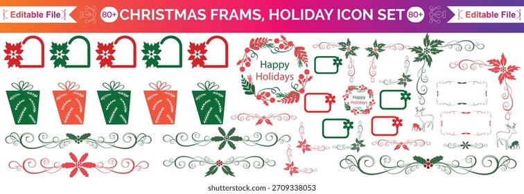 Conjunto de marco de Navidad, borde de vacaciones de invierno, impresión de decoración de celebración de año Nuevo, rama de pino dibujada a mano. Diseño geométrico tradicional de la guirnalda de la postal festiva, lazo ondulado de la cinta. Kit de fiesta de marco de Navidad