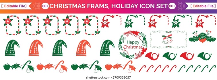 Conjunto de marco de Navidad, borde de vacaciones de invierno, impresión de decoración de celebración de año Nuevo, rama de pino dibujada a mano. Diseño geométrico tradicional de la guirnalda de la postal festiva, lazo ondulado de la cinta. Kit de fiesta de marco de Navidad