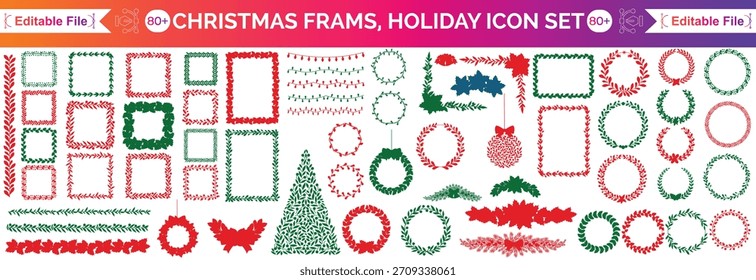 Conjunto de marco de Navidad, borde de vacaciones de invierno, impresión de decoración de celebración de año Nuevo, rama de pino dibujada a mano. Diseño geométrico tradicional de la guirnalda de la postal festiva, lazo ondulado de la cinta. Kit de fiesta de marco de Navidad