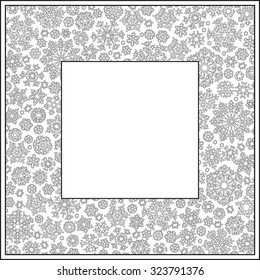 Christmas frame from snowflakes for a card vector. Pattern for coloring book. Christmas hand-drawn doodle decorative elements in vector. Black and white pattern.   