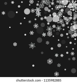 Christmas frame with snowflakes on black background. New year theme. Stylish Christmas frame for holiday banners, cards, sales, special offers. Falling snow with bokeh and flakes for party celebration