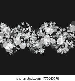Christmas frame with snowflakes on black background. New year theme. Stylish Christmas frame for holiday banners, cards, sales, special offers. Falling snow with bokeh and flakes for party celebration