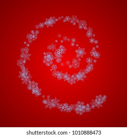 Christmas frame with snowflakes on red background. Santa Claus colors. Stylish Christmas frame for holiday banners, cards, sales, special offers. Falling snow with bokeh and flakes for celebration