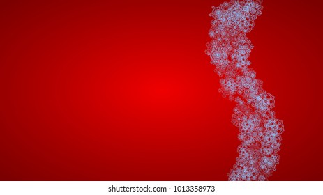 Christmas frame with snowflakes on red background. Santa Claus colors. Horizontal Christmas frame for holiday banners, cards, sales, special offers. Falling snow with bokeh and flakes for celebration