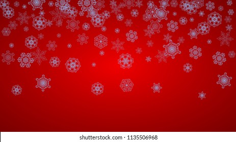 Christmas frame with snowflakes on red background. Santa Claus colors. Horizontal Christmas frame for holiday banners, cards, sales, special offers. Falling snow with bokeh and flakes for celebration