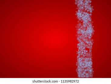 Christmas frame with snowflakes on red background. Santa Claus colors. Horizontal Christmas frame for holiday banners, cards, sales, special offers. Falling snow with bokeh and flakes for celebration