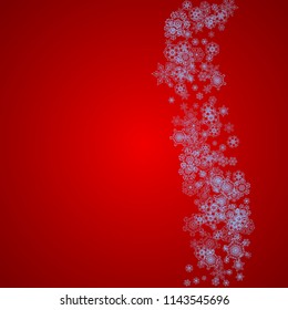 Christmas frame with snowflakes on red background. Santa Claus colors. Stylish Christmas frame for holiday banners, cards, sales, special offers. Falling snow with bokeh and flakes for celebration