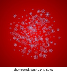 Christmas frame with snowflakes on red background. Santa Claus colors. Stylish Christmas frame for holiday banners, cards, sales, special offers. Falling snow with bokeh and flakes for celebration