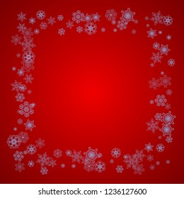 Christmas frame with snowflakes on red background. Santa Claus colors. Stylish Christmas frame for holiday banners, cards, sales, special offers. Falling snow with bokeh and flakes for celebration