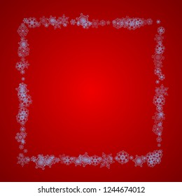 Christmas frame with snowflakes on red background. Santa Claus colors. Stylish Christmas frame for holiday banners, cards, sales, special offers. Falling snow with bokeh and flakes for celebration