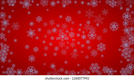 Christmas frame with snowflakes on red background. Santa Claus colors. Horizontal Christmas frame for holiday banners, cards, sales, special offers. Falling snow with bokeh and flakes for celebration