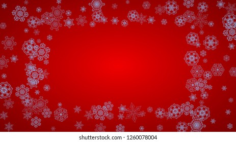 Christmas frame with snowflakes on red background. Santa Claus colors. Horizontal Christmas frame for holiday banners, cards, sales, special offers. Falling snow with bokeh and flakes for celebration