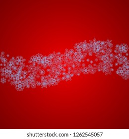 Christmas frame with snowflakes on red background. Santa Claus colors. Stylish Christmas frame for holiday banners, cards, sales, special offers. Falling snow with bokeh and flakes for celebration