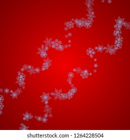 Christmas frame with snowflakes on red background. Santa Claus colors. Stylish Christmas frame for holiday banners, cards, sales, special offers. Falling snow with bokeh and flakes for celebration