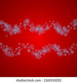 Christmas frame with snowflakes on red background. Santa Claus colors. Stylish Christmas frame for holiday banners, cards, sales, special offers. Falling snow with bokeh and flakes for celebration