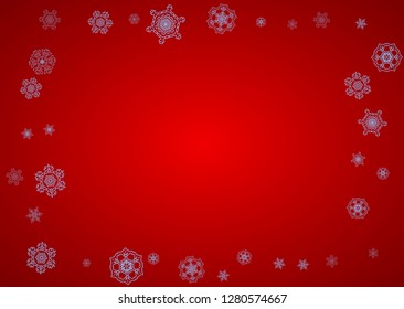 Christmas frame with snowflakes on red background. Santa Claus colors. Horizontal Christmas frame for holiday banners, cards, sales, special offers. Falling snow with bokeh and flakes for celebration