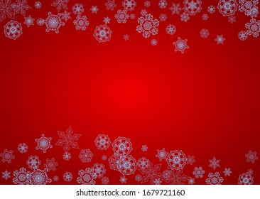 Christmas frame with snowflakes on red background. Santa Claus colors. Horizontal Christmas frame for holiday banners, cards, sales, special offers. Falling snow with bokeh and flakes for celebration