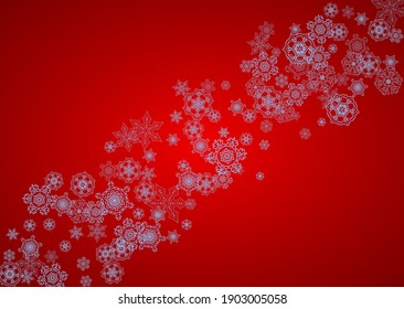 Christmas frame with snowflakes on red background. Santa Claus colors. Horizontal Christmas frame for holiday banners, cards, sales, special offers. Falling snow with bokeh and flakes for celebration