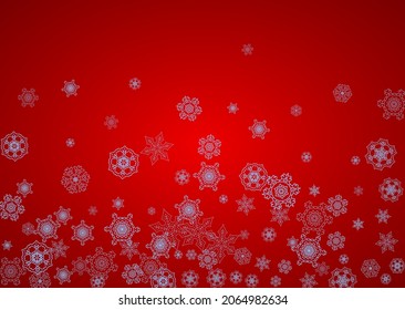 Christmas frame with snowflakes on red background. Santa Claus colors. Horizontal Christmas frame for holiday banners, cards, sales, special offers. Falling snow with bokeh and flakes for celebration