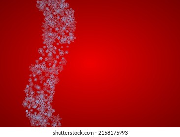 Christmas frame with snowflakes on red background. Santa Claus colors. Horizontal Christmas frame for holiday banners, cards, sales, special offers. Falling snow with bokeh and flakes for celebration
