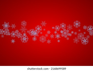 Christmas frame with snowflakes on red background. Santa Claus colors. Horizontal Christmas frame for holiday banners, cards, sales, special offers. Falling snow with bokeh and flakes for celebration