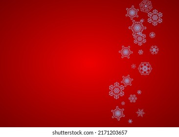 Christmas frame with snowflakes on red background. Santa Claus colors. Horizontal Christmas frame for holiday banners, cards, sales, special offers. Falling snow with bokeh and flakes for celebration