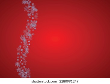 Christmas frame with snowflakes on red background. Santa Claus colors. Horizontal Christmas frame for holiday banners, cards, sales, special offers. Falling snow with bokeh and flakes for celebration