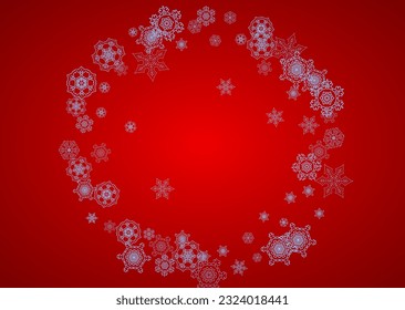 Christmas frame with snowflakes on red background. Santa Claus colors. Horizontal Christmas frame for holiday banners, cards, sales, special offers. Falling snow with bokeh and flakes for celebration