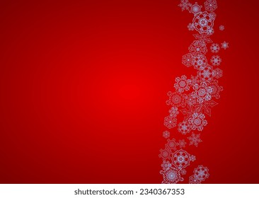 Christmas frame with snowflakes on red background. Santa Claus colors. Horizontal Christmas frame for holiday banners, cards, sales, special offers. Falling snow with bokeh and flakes for celebration