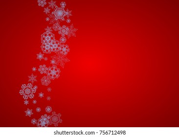 Christmas frame with snowflakes on red background. Santa Claus colors. Horizontal Christmas frame for holiday banners, cards, sales, special offers. Falling snow with bokeh and flakes for celebration