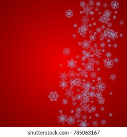 Christmas frame with snowflakes on red background. Santa Claus colors. Stylish Christmas frame for holiday banners, cards, sales, special offers. Falling snow with bokeh and flakes for celebration