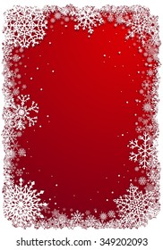 Moldura de Natal com flocos de neve sobre fundo vertical vermelho. Ilustração vetorial.