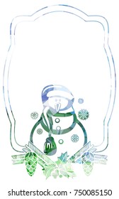 Christmas frame with snowman and snowflakes a white background. Color, mosaic, sparkling. Vector clip art.