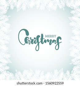 Christmas frame with snowy branches of spruce. White background with christmas lettering. Christmas banner