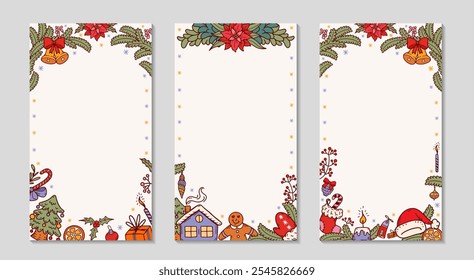 Christmas frame. For Social media long greeting post. Background with fir branches, gingerbread cookies, Christmas gifts and bells. Holidays vertical text templates set. Vector doodle illustration.