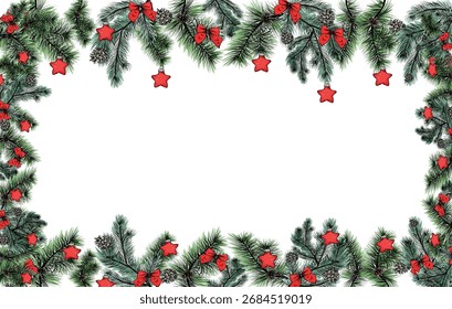 Marco de Navidad con ramas de abeto arcos rojos y estrellas