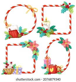 Christmas frame square and circle with green leaf, red berrie, gift box, flower, sock, cupcake, mug and bow. Merry Christmas cutout element Holiday cards, invitations and website. Vector illustration